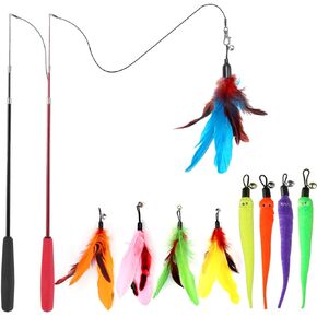 Interactive Cat Toys - Retractable Wand Toy and Feather Toys Refills for Indoor Cats to Chase and Exercise