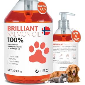 Brilliant Omega 3 Salmon Oil for Dogs & Cats - Norwegian Fish Oil Supplement with EPA & DHA Fatty Acids for Shedding, Allergy, Itching, Dry Skin & Joint Health - Skin and Coat Fish Oil Liquid, 40 Oz