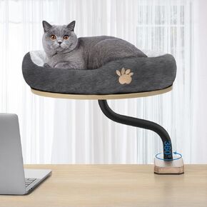 Cat Desk Bed Mounted Cat Hammock for Desk with Comfortable Removable Pet Bed 360° Rotation Cat Bed Cats and Kittens up to 24 lbs Nartural Color Wood with Gray Bed Cat Nest Bed for Home Office