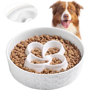 Slow Feeder Dog Bowls, Non Slip Ceramic Dog Bowl with Silicone Base, Slow Eating and Water Drinking Bowl, Heavy Dog Food Bowl for Small, Medium and Large Breed(White, 8")