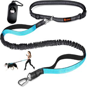 Hands Free Dog Leash, Adjustable Waist Leash for Dog, Handle Bungee Dog Leash 4.2-6.7 Feet Long with Reflective Stitches for Walking Hiking Running, Fits 26"- 47" Waist, Black & Blue