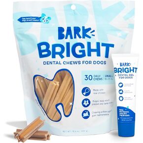 مجموعة أدوات أسنان الكلاب الأصلية من Bark Bright - 30 قطعة من أعواد المضغ ومعجون الأسنان لتنظيف الأسنان - السلالات الصغيرة