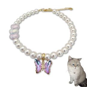 Pet Necklace Collar- Handmade Adjustable Pearl Necklace Collar for Kitten, Cat & Small dogs, Butterfly Charm Pet Jewelry, Perfect Gift for Pet Lovers - Easy DIY Pendant (Medium)