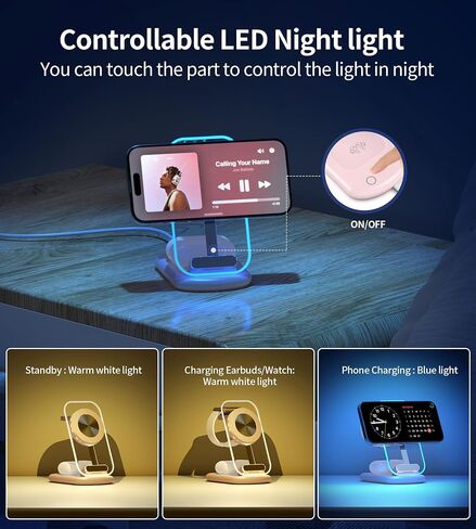 3 in 1 Magnetic Wireless Charging Station for Apple Devices, Fast Foldable Travel Mag-Safe Charger Stand with Night Light for iPhone 15 14 13 12 Series, Apple Watch/AirPods Pro in Saudi Arabia