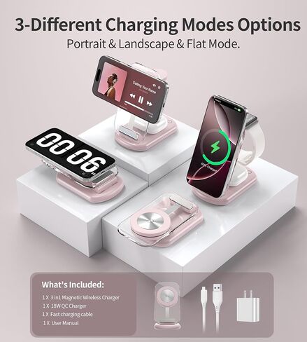 3 in 1 Magnetic Wireless Charging Station for Apple Devices, Fast Foldable Travel Mag-Safe Charger Stand with Night Light for iPhone 15 14 13 12 Series, Apple Watch/AirPods Pro in Saudi Arabia
