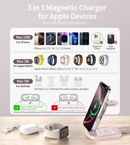 3 in 1 Magnetic Wireless Charging Station for Apple Devices, Fast Foldable Travel Mag-Safe Charger Stand with Night Light for iPhone 15 14 13 12 Series, Apple Watch/AirPods Pro in Saudi Arabia