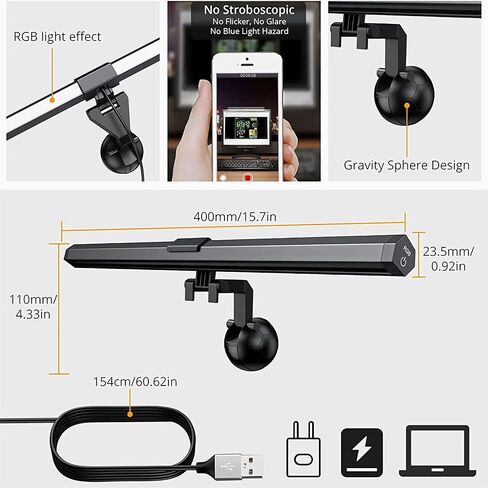 CATPOWER Computer Monitor Light Bar with RGB Backlight, Screen Monitor Lamp for Eye Caring, e-Reading LED Task Lamp with Stepless Adjustment, Touch Control, No Screen Glare Space Saving in Saudi Arabia