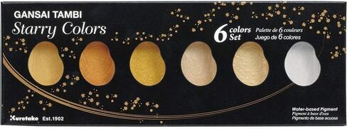 Kuretake GANSAI TAMBI STARRY/PEARL/GEM 6 Colors Set, Watercolor Paint Set, Gold, Silver, Mica, Water Colors for Adult, AP-Certified, Show up on dark papers, Made in Japan in Kuwait