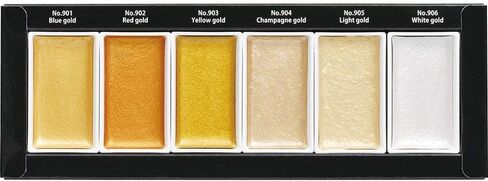 Kuretake GANSAI TAMBI STARRY/PEARL/GEM 6 Colors Set, Watercolor Paint Set, Gold, Silver, Mica, Water Colors for Adult, AP-Certified, Show up on dark papers, Made in Japan in Kuwait