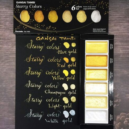 Kuretake GANSAI TAMBI STARRY/PEARL/GEM 6 Colors Set, Watercolor Paint Set, Gold, Silver, Mica, Water Colors for Adult, AP-Certified, Show up on dark papers, Made in Japan in Kuwait