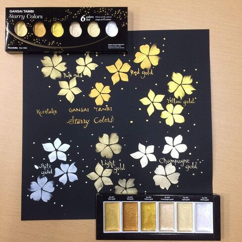 Kuretake GANSAI TAMBI STARRY/PEARL/GEM 6 Colors Set, Watercolor Paint Set, Gold, Silver, Mica, Water Colors for Adult, AP-Certified, Show up on dark papers, Made in Japan in Kuwait