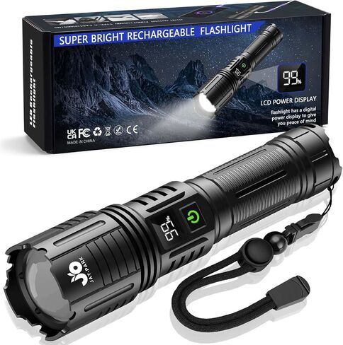 JAY-PARK LED Flashlight Rechargeable 250000 Lumen, Super Bright Flashlight with Digital Power Display and Zoom, Handheld Rechargeable Flashlights High Lumens with Long Throw for Camping, Outdoor in Saudi Arabia