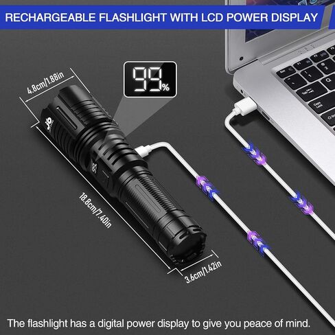 JAY-PARK LED Flashlight Rechargeable 250000 Lumen, Super Bright Flashlight with Digital Power Display and Zoom, Handheld Rechargeable Flashlights High Lumens with Long Throw for Camping, Outdoor in Saudi Arabia
