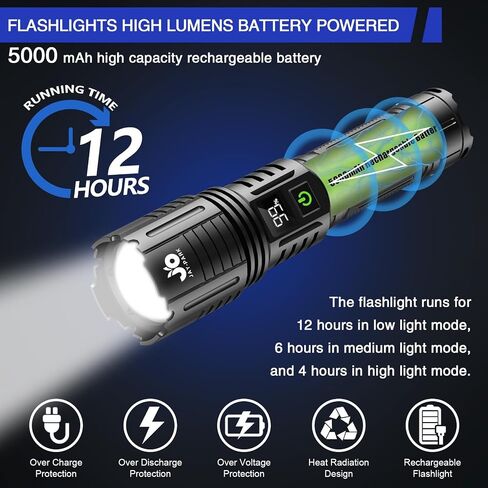 JAY-PARK LED Flashlight Rechargeable 250000 Lumen, Super Bright Flashlight with Digital Power Display and Zoom, Handheld Rechargeable Flashlights High Lumens with Long Throw for Camping, Outdoor in Saudi Arabia