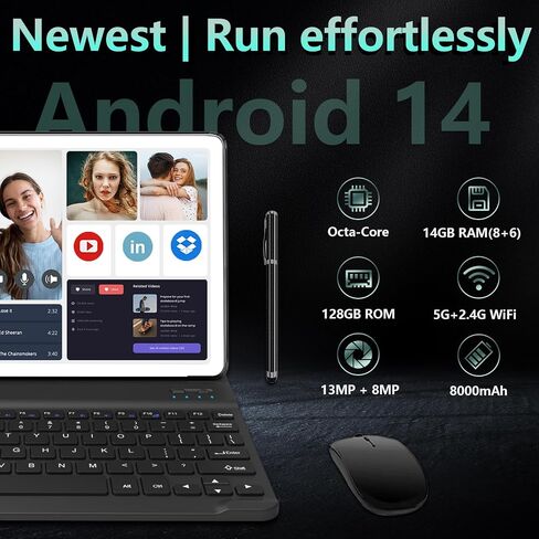 تابلت Android 14 مقاس 10 بوصة، تابلت خلوي 4G، ثماني النواة، سعة تخزين 128 جيجابايت + ذاكرة وصول عشوائي 14(8+6) جيجابايت/ 1 تيرابايت قابلة للتوسيع، 5G WiFi، بطارية 8000 مللي أمبير في الساعة، بلوتوث 5.0، كاميرا 13 ميجابكسل + 8 ميجابكسل، جهاز لوحي مزود بلوحة in Kuwait