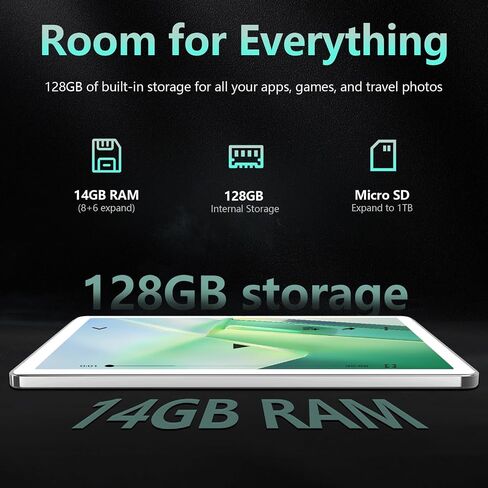 تابلت Android 14 مقاس 10 بوصة، تابلت خلوي 4G، ثماني النواة، سعة تخزين 128 جيجابايت + ذاكرة وصول عشوائي 14(8+6) جيجابايت/ 1 تيرابايت قابلة للتوسيع، 5G WiFi، بطارية 8000 مللي أمبير في الساعة، بلوتوث 5.0، كاميرا 13 ميجابكسل + 8 ميجابكسل، جهاز لوحي مزود بلوحة in Kuwait