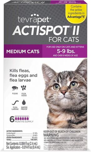 TevraPet Actispot II Flea Treatment for Small and Medium Cats 5-9 lbs | 6 Doses | Powerful Prevention and Control, Clear in Saudi Arabia