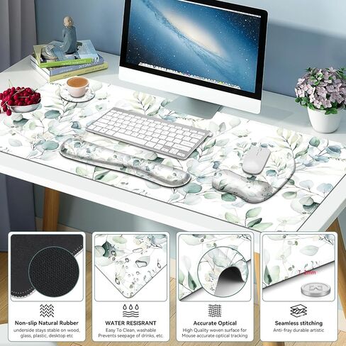 Large Mouse Pad with Wrist Support 4in1 Set, XXL Big Game Mousepad +Keyboard Wrist Rest+Mouse Wrist Rest+Coaster with Ergonomic Design Gaming Mat for Home Office Computer I Eucalyptus Branches in Kuwait