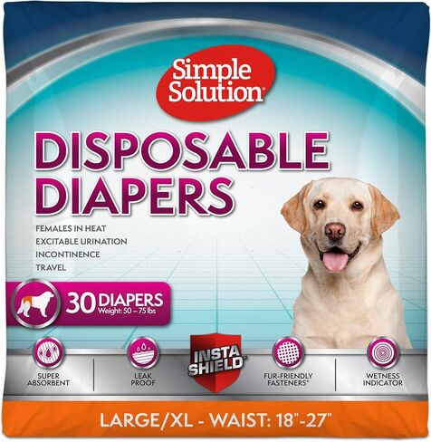 Simple Solution Disposable Dog Diapers, Female Dog Diapers, Puppy Potty Training, Incontinence and Heat Cycle Protection, Large Diapers for Dogs, 18-27 Inch Waist, 30 Count in Kuwait