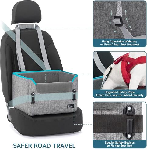 PETSFIT Dog Car Seats for Small Dogs, Portable Dog Booster Car Seat with Patent Safe Buckles, Clip-On Leash, Suitable for Small Pets Up to 25lbs (Grey) in Kuwait