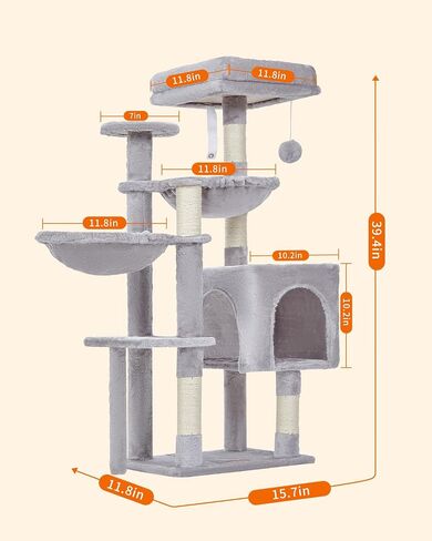 Taoqimiao Cat Tree، برج القطط مقاس 99.4 بوصة للقطط الصغيرة، برج شجرة القطط مع 5 أعمدة خدش، شقة قطط قطيفة مع مجثم قطيفة، 2 أرجوحة، الكريات، رمادي دخاني MS019G in Kuwait