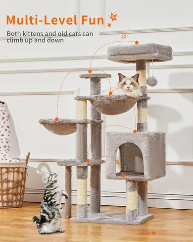 Taoqimiao Cat Tree، برج القطط مقاس 99.4 بوصة للقطط الصغيرة، برج شجرة القطط مع 5 أعمدة خدش، شقة قطط قطيفة مع مجثم قطيفة، 2 أرجوحة، الكريات، رمادي دخاني MS019G in Kuwait