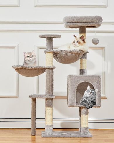 Taoqimiao Cat Tree، برج القطط مقاس 99.4 بوصة للقطط الصغيرة، برج شجرة القطط مع 5 أعمدة خدش، شقة قطط قطيفة مع مجثم قطيفة، 2 أرجوحة، الكريات، رمادي دخاني MS019G in Kuwait