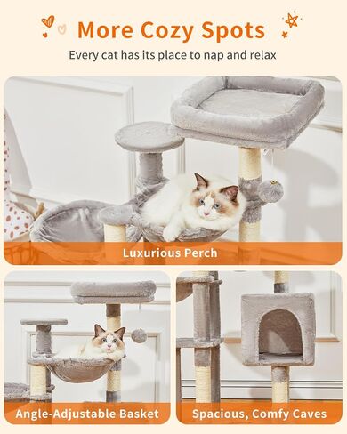 Taoqimiao Cat Tree، برج القطط مقاس 99.4 بوصة للقطط الصغيرة، برج شجرة القطط مع 5 أعمدة خدش، شقة قطط قطيفة مع مجثم قطيفة، 2 أرجوحة، الكريات، رمادي دخاني MS019G in Kuwait