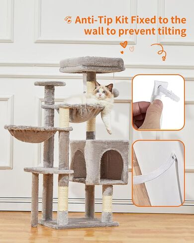 Taoqimiao Cat Tree، برج القطط مقاس 99.4 بوصة للقطط الصغيرة، برج شجرة القطط مع 5 أعمدة خدش، شقة قطط قطيفة مع مجثم قطيفة، 2 أرجوحة، الكريات، رمادي دخاني MS019G in Kuwait