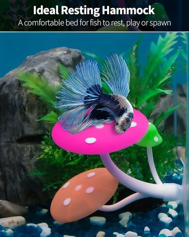 Uniclife Betta Mushroom Hammock Soft Aquarium Rest Bed Fish Breeding Playing Pad with Suction Cup Silicone Ornament Decoration Colorful Lifelike Decor for Fish Tank Landscape, 2 Pack in Kuwait