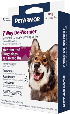 PetArmor 7 Way De-Wormer for Dogs, Oral Treatment for Tapeworm, Roundworm & Hookworm in Large Dogs & Puppies (Over 25 lbs), Worm Remover (Praziquantel & Pyrantel Pamoate), 2 Flavored Chewables in Kuwait