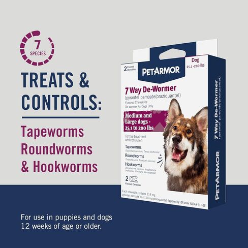 PetArmor 7 Way De-Wormer for Dogs, Oral Treatment for Tapeworm, Roundworm & Hookworm in Large Dogs & Puppies (Over 25 lbs), Worm Remover (Praziquantel & Pyrantel Pamoate), 2 Flavored Chewables in Kuwait
