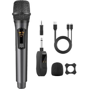 Aveek Wireless Microphone for Karaoke, Rechargeable Wireless Microphones with Dual Channel Receiver, 2.4GHz Dynamic Microphone for Karaoke Singing, Speech, Wedding, Church, Grey&Red, 2 Packs