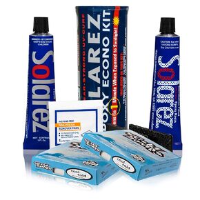 SOLAREZ EPOXY Econo Gift KIT + Sticky Bumps Wax! ~ UV Cure Epoxy Surfboard, SUP, Wakeboard Repair w/Epoxy Fiberfill Putty + Microlite Epoxy Putty + 2 Grit Sand Pads + Acetone Prep-Pad + Cool/Cold Wax