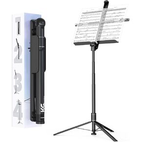 KraftGeek 66" Music Stand for Sheet Music, Portable and Folding Music Stand for Musicians and Instrument Players, Adjustable Music Tray with Page Holder Clips, No Assembly Required, Black