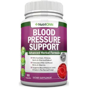 Blood Pressure Support Supplement - 13 Herbs & Vitamins - with Hawthorn, Hibiscus, Garlic & Olive Leaf Extract - Natural Supplement for Women & Men - High Strength Capsules - Non-GMO - 90 Day Supply