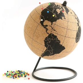 Mini Cork Globe with 50 Different Colored Push Pins & Durable Stainless Steel Base | Great for Mapping Travels & Educational Purposes | Does Not Have Plastic Strip Like Most