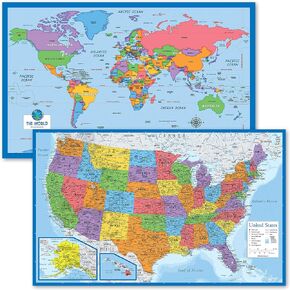 2 Pack - World Map for Kids + Blue Ocean USA Map (LAMINATED, 18" x 29")