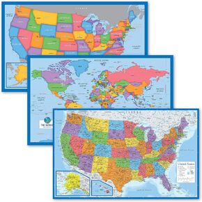3 Pack - World Map & USA Map for Kids + Blue Ocean World Map - 3 Poster Set (LAMINATED, 18" x 29")