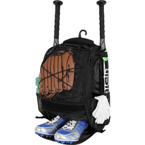 Youth Baseball Backpack Bag - Baseball Bag with Shoes Compartment, Bat holder & Fence Hook, for Softball & T-Ball Gears, Bat, Helmet, Gloves, Fit To Young & Adult