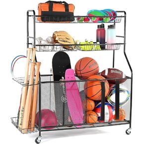 Home-it Ball Rack for Garage - Indoor & Outdoor Garage Ball Organizer Holder with Baskets, Rolling Wheels & Breaks - Large Capacity Garage Sports Equipment Organizer - Heavy Duty Steel Storage Cart