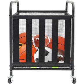 STO STO Rolling Sports Ball Storage Cart, Lockable Basketball Cage with Elastic Straps, Sport Equipment Holder Organizer for Indoor Outdoor, Steel Storage Rack for Playgroup and Gym