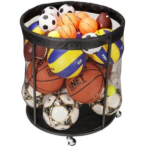 Sports Equipment Organizer for Garage, Mesh Ball Holder for Soccer, Basketball, Volleyball, Baseball, Toy, 48 Gals Ball Cart for Holding Ball, Rolling Sports Organizer, Black