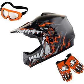 WOW Youth Kids Motocross BMX MX ATV Dirt Bike Dianasour خوذة تنين + نظارات + حزمة قفازات شباب المريخ: حزمة HJOY MG