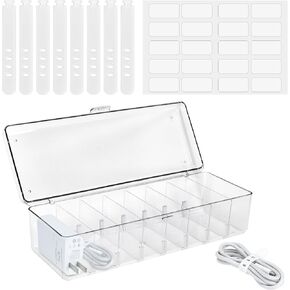DLOnline Cable Management Box, Plastic Cable Storage Box, Electronics Organizer Box with 8 Compartments, Wire Ties and Sort Stickers, for Cable, Recharger, 10.4 x 3.9 x 3.0 inches, Transparent in Kuwait