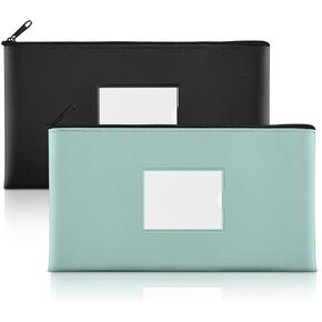 SMARTAKE 2-Pack Bank Deposit Money Bags with Zipper, PU Leather Bags Cash Wallet Pouches with Label, for Coins, Cosmetics, Invoice, Bills, Tools, 11.5 x 6.2 Inches, Aqua Blue & Black