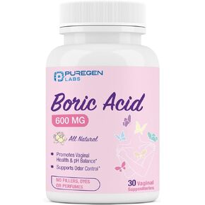 Puregen Labs Boric Acid 600 mg Vaginal Suppositories - 100% Pure | All Natural Without Dyes or Fillers | Made in USA - Supports Vaginal pH Balance and Odor Control (30 Count)