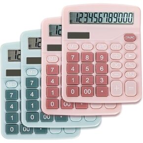 4 Pack Handheld Desktop Calculators, Solar Battery Dual Power Basic Calculator 12 Digit Large Display, Standard Functional Desk Calculator Big Sensitive Button for Office Home School Pink Blue