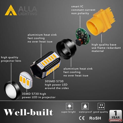 Alla Lighting 2800lm 3156 3157 LED مصابيح إشارة الانعطاف، أصفر كهرماني T25 4157 5702 3457 AK 3757 NAK مصابيح وامضة بديلة Xtreme Super Bright 12V 5730 33-SMD in Saudi Arabia