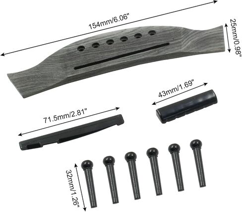 6 String Acoustic Guitar Rosewood Bridge Set with Bridge, Bridge Pins, End Pin, Saddle and Nuts(Black, Style 1) in Kuwait